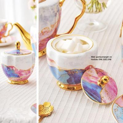 BỘ ẤM CHÉN VÂN ĐÁ VIỀN VÀNG CAO CẤP